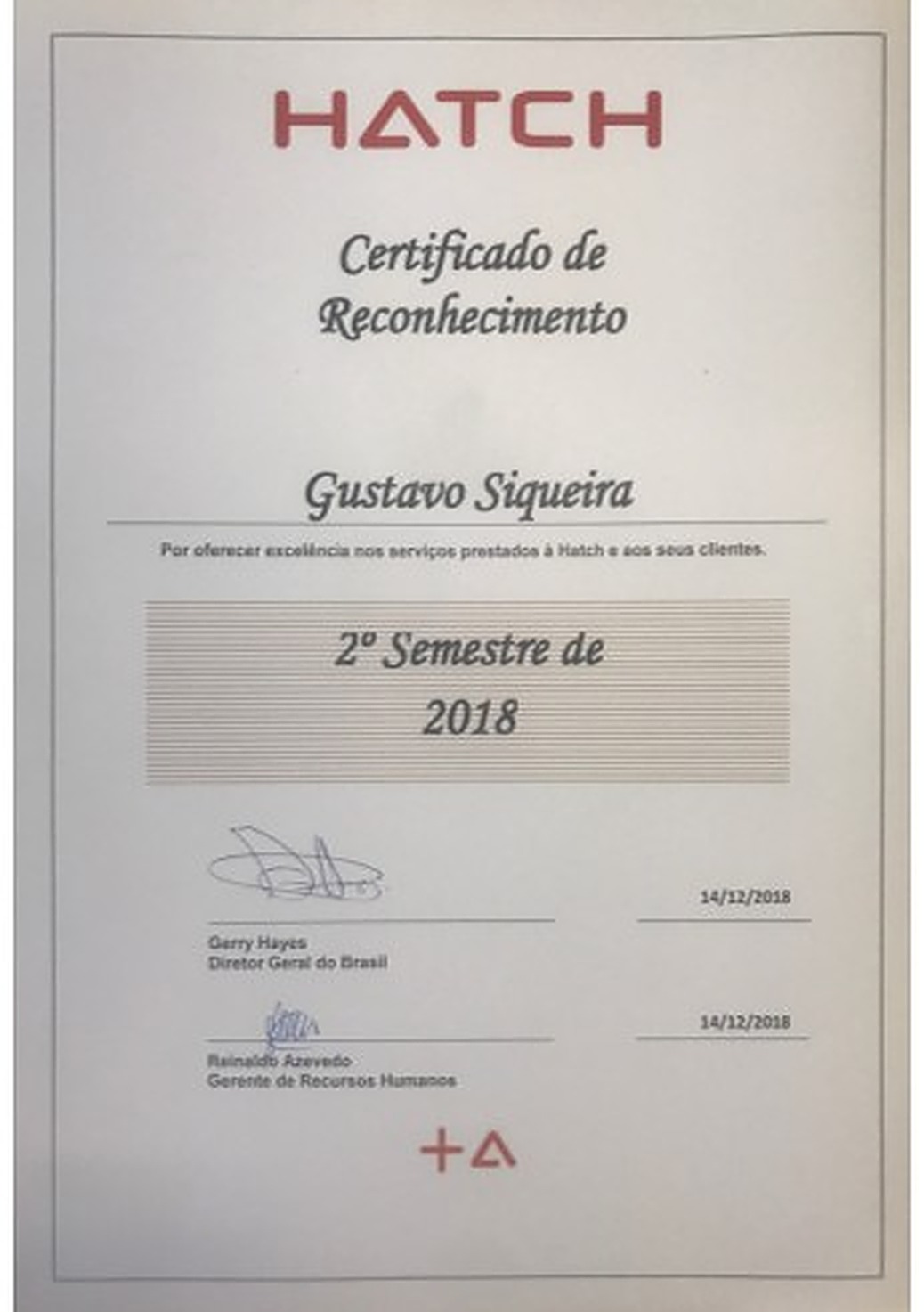 Certificado de Reconhecimento da Hatch concedido a Gustavo Siqueira em 2018